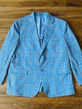 Joseph Abboud 46R Blue Plaid Windowpane Unstructured Sport Coat Blazer Jacket
